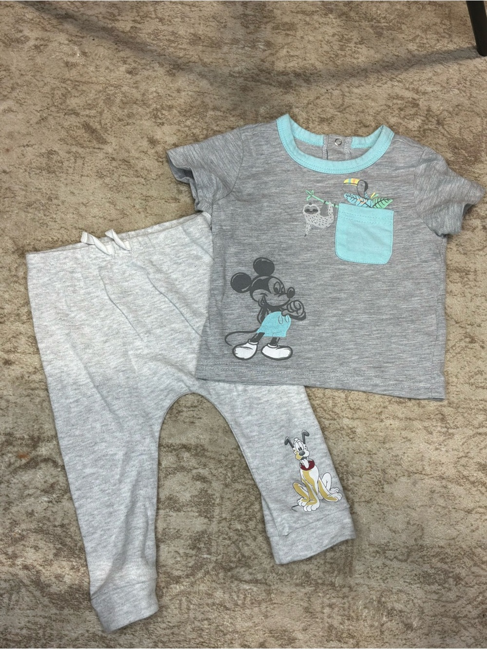 Grey Mickey Mouse Kids Pajama Set with Aqua Pocket Accent